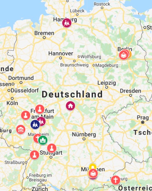 Karte des Dachverbandes mit Verweisen auf ukrainische Organisationen und Orte in Deutschland